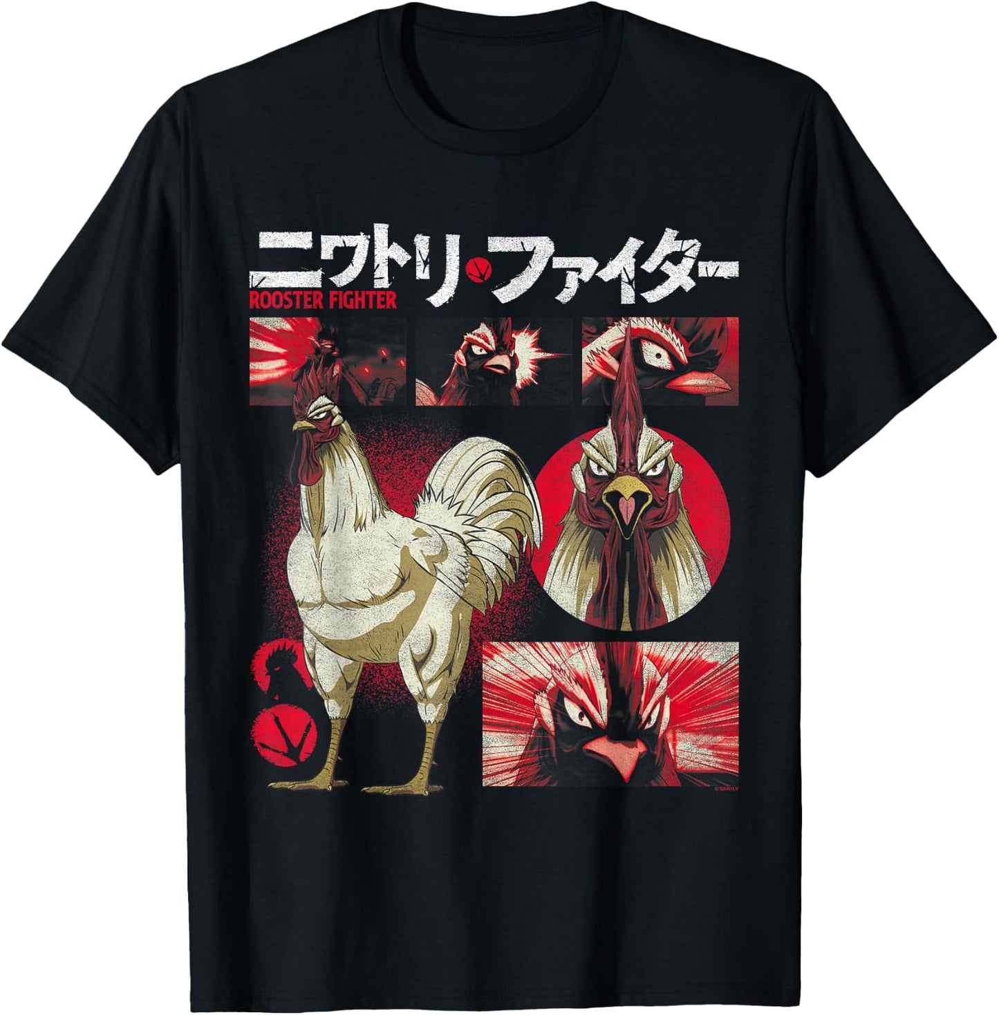 Rooster Fighter Keiji Collage Red Tone Action Anime T-Shirt - T-Shirt | Black