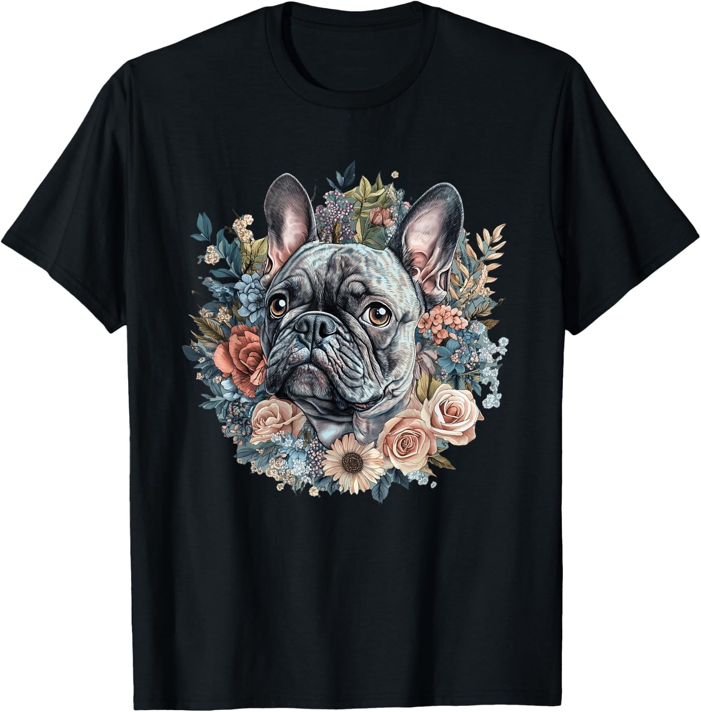 Cute French Bulldog Floral Flowers Dog Lover Gift Women Girl T-Shirt - T-Shirt | Black