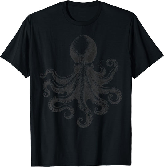 Vintage Octopus Illustration Marine Life Intricate Realistic T-Shirt - T-Shirt | Black