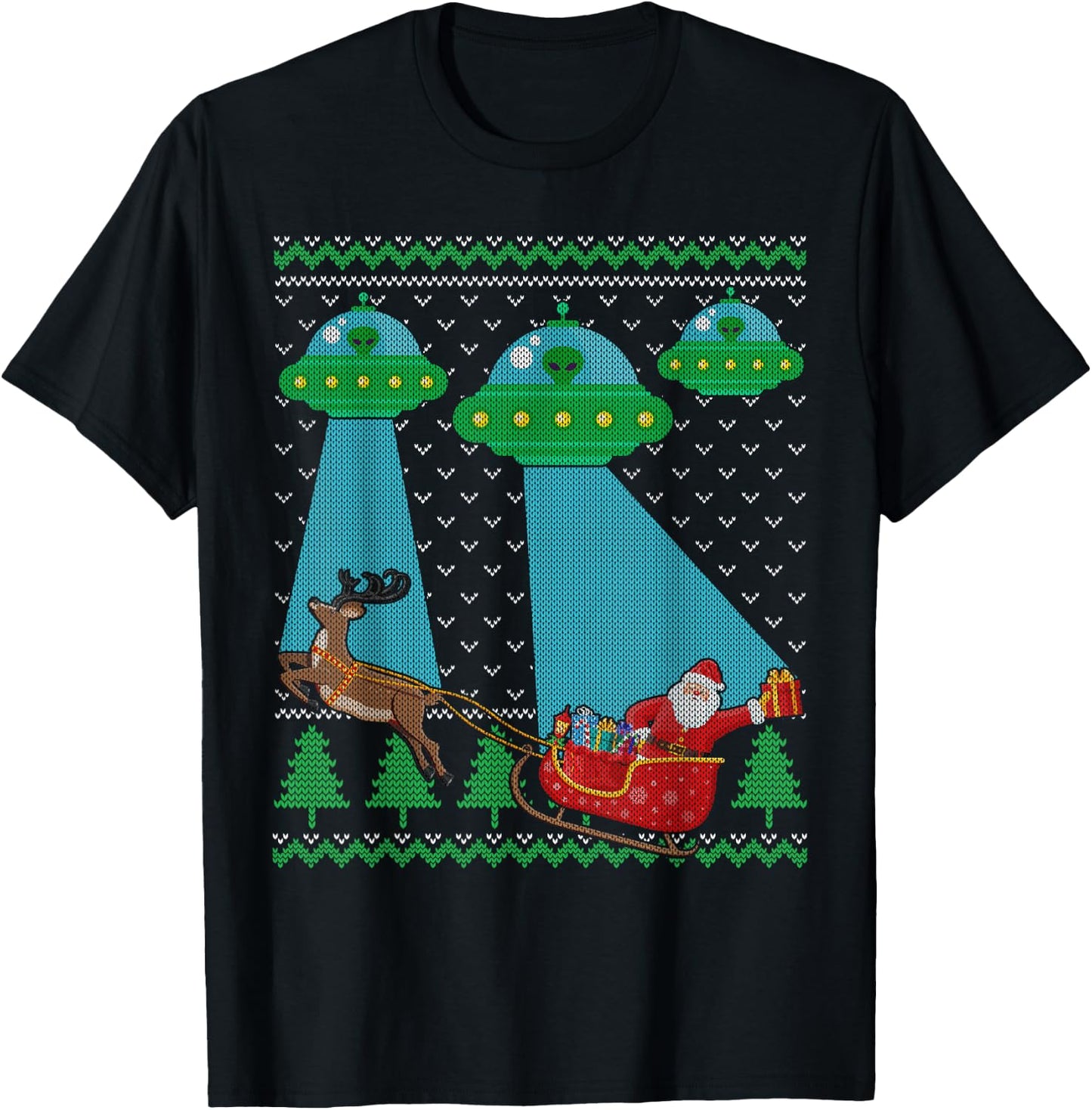 Funny Alien UFO Santa Sleigh Ugly Christmas Sweater Xmas PJS T-Shirt - T-Shirt | Black