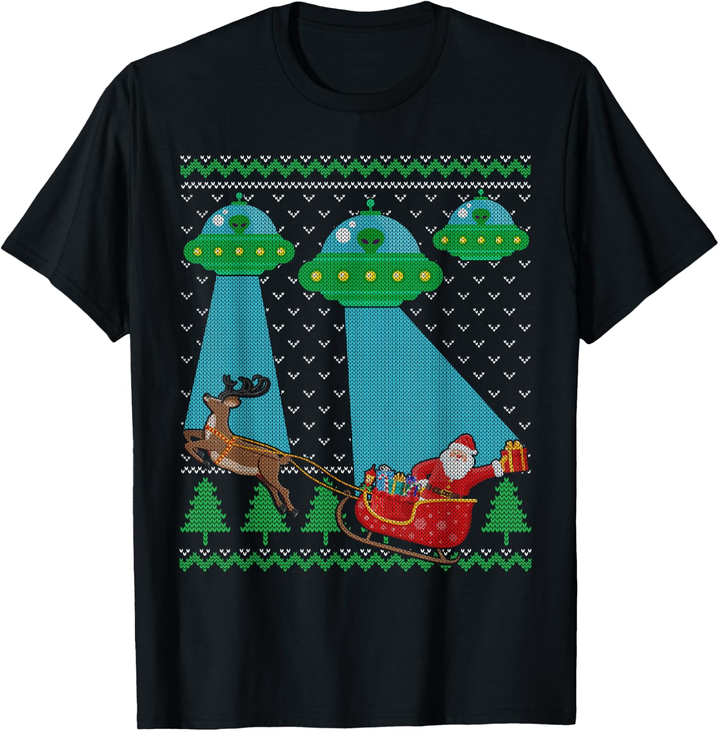 Funny Alien UFO Santa Sleigh Ugly Christmas Sweater Xmas PJS T-Shirt - T-Shirt | Black
