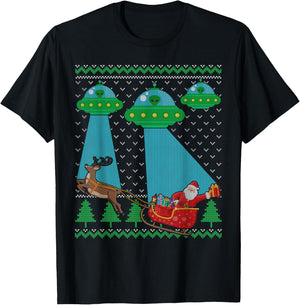 Funny Alien UFO Santa Sleigh Ugly Christmas Sweater Xmas PJS T-Shirt - T-Shirt | Black