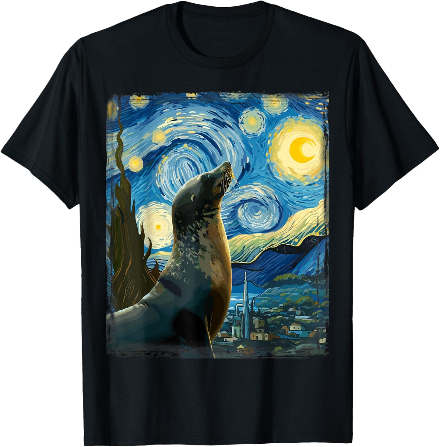 Van Gogh Style Starry Night Seal T-Shirt - T-Shirt | Black