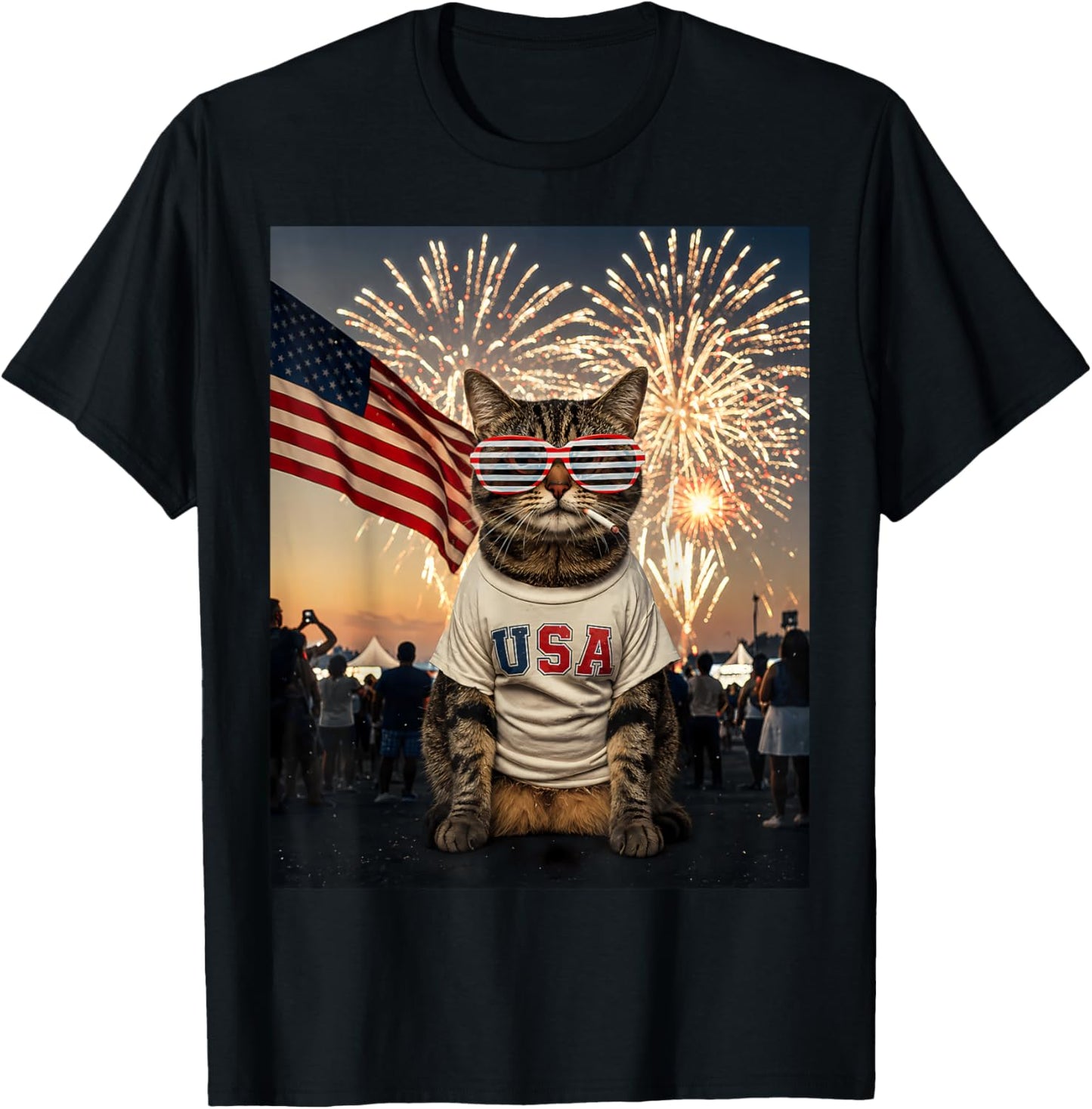 4th July Patriotic Cat Smoking Fireworks 250 Years Cat Lover T-Shirt - T-Shirt | Black