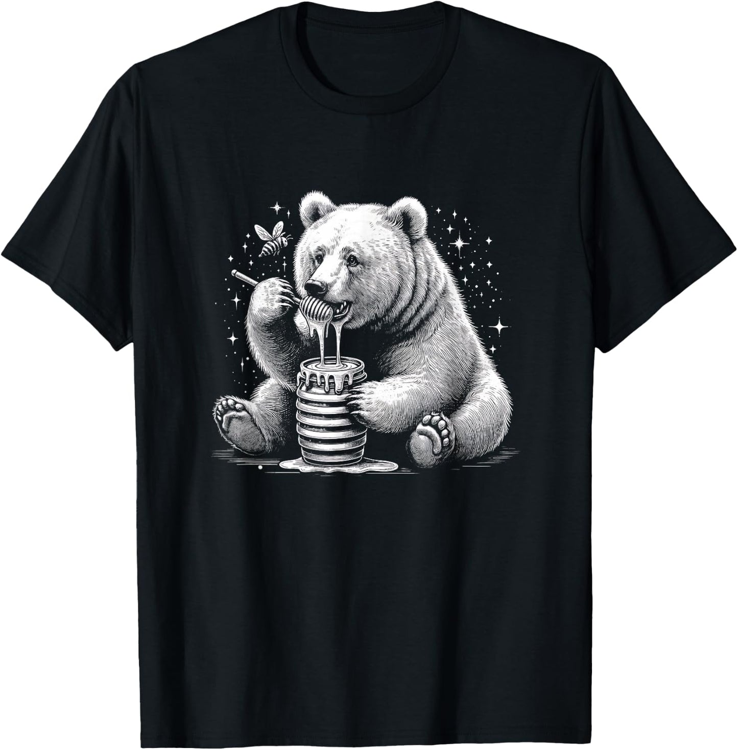 Cute Bear Eating Honey With Bee Graphic Art Design T-Shirt - T-Shirt | Black