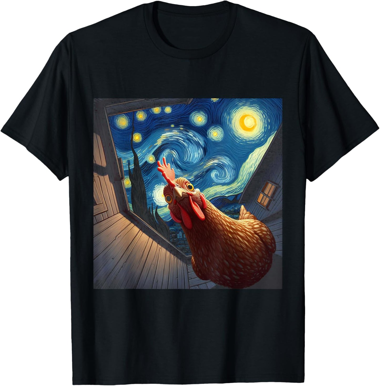 Van Gogh Funny Chicken Starry Night Art T-Shirt - T-Shirt | Black
