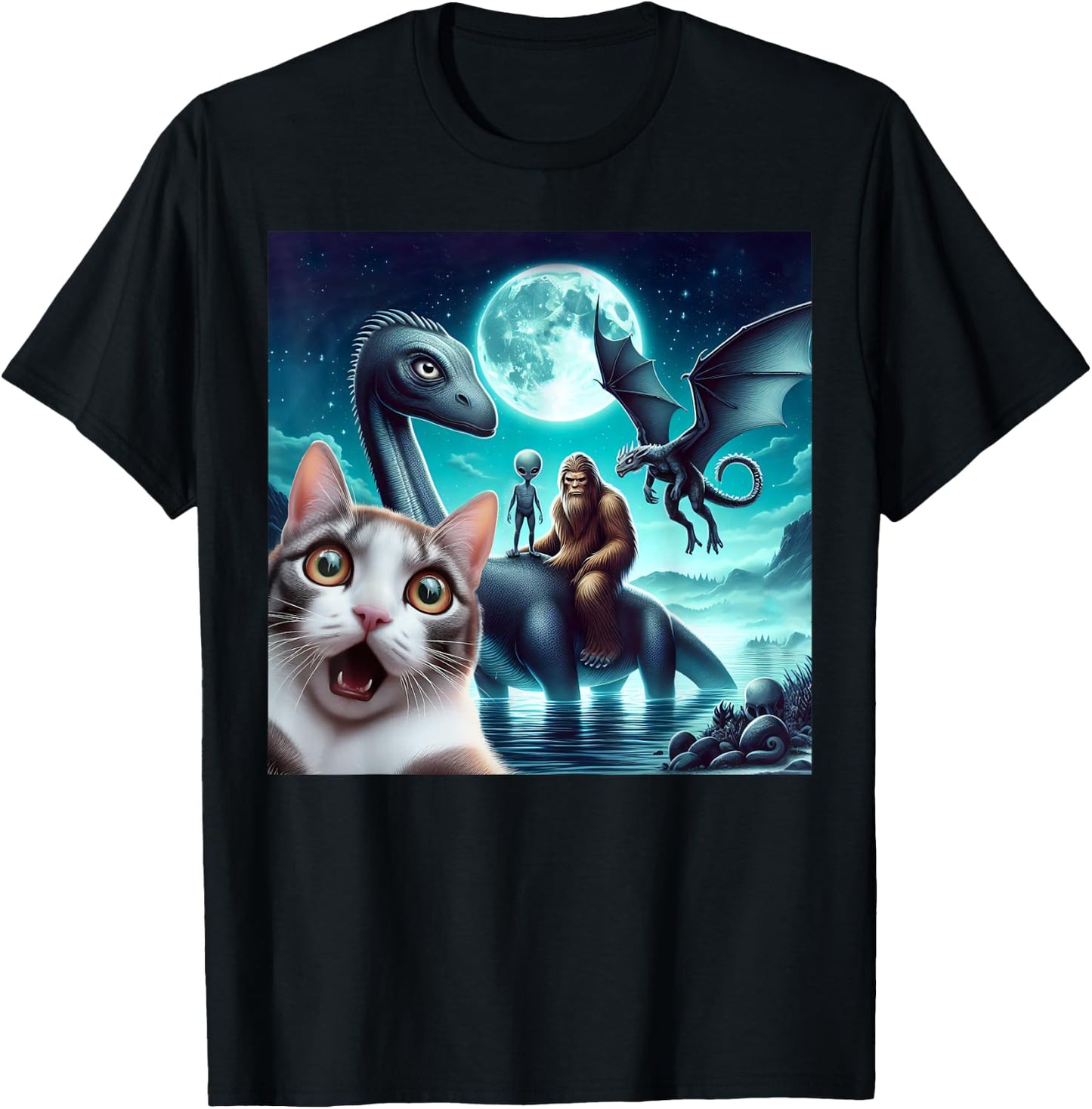Cat Selfie with bigfoot alien UFO loch Ness monster dragon T-Shirt - T-Shirt | Black