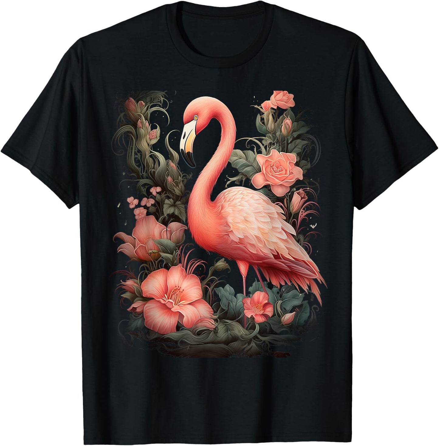 Flamingo and Flowers Floral Flamingos pink T-Shirt - T-Shirt | Black
