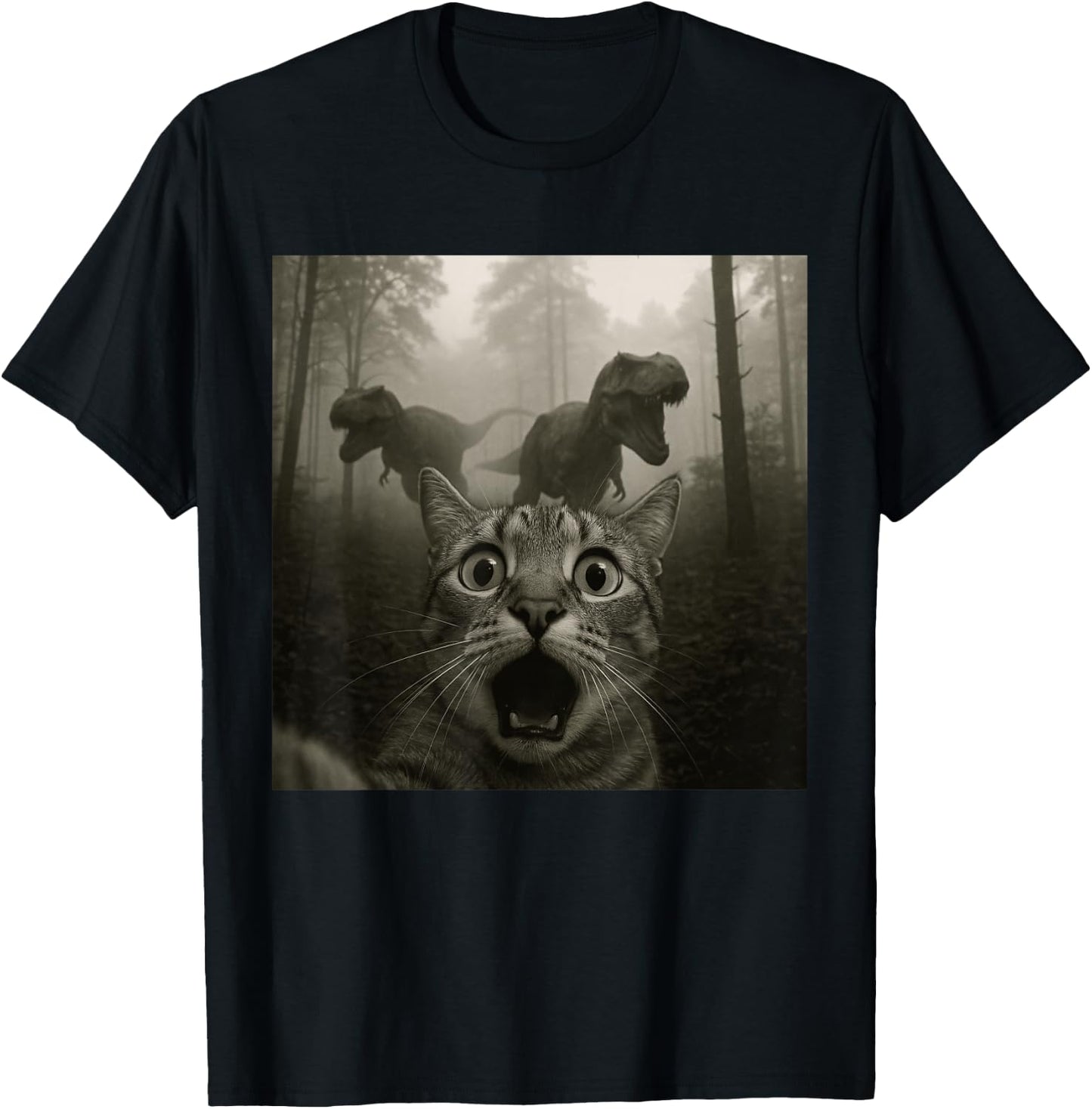 Cat Selfie with Rex Dinosaur Funny Cat Kids Men Women T-Shirt - T-Shirt | Black