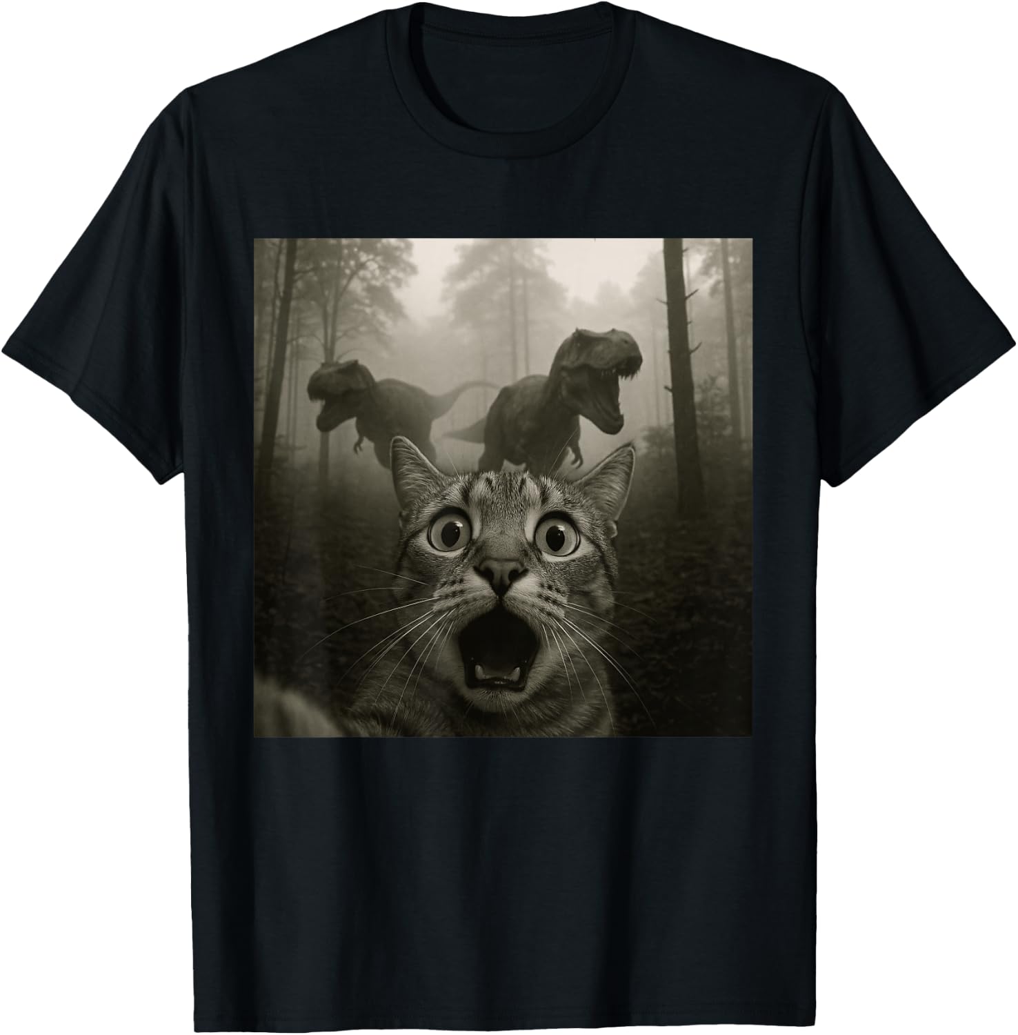 Cat Selfie with Rex Dinosaur Funny Cat Kids Men Women T-Shirt - T-Shirt | Black