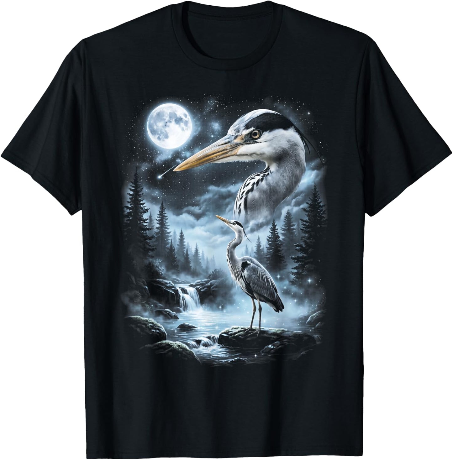 Blue Heron Howling at Moon 90's Retro Bird T-Shirt - T-Shirt | Black