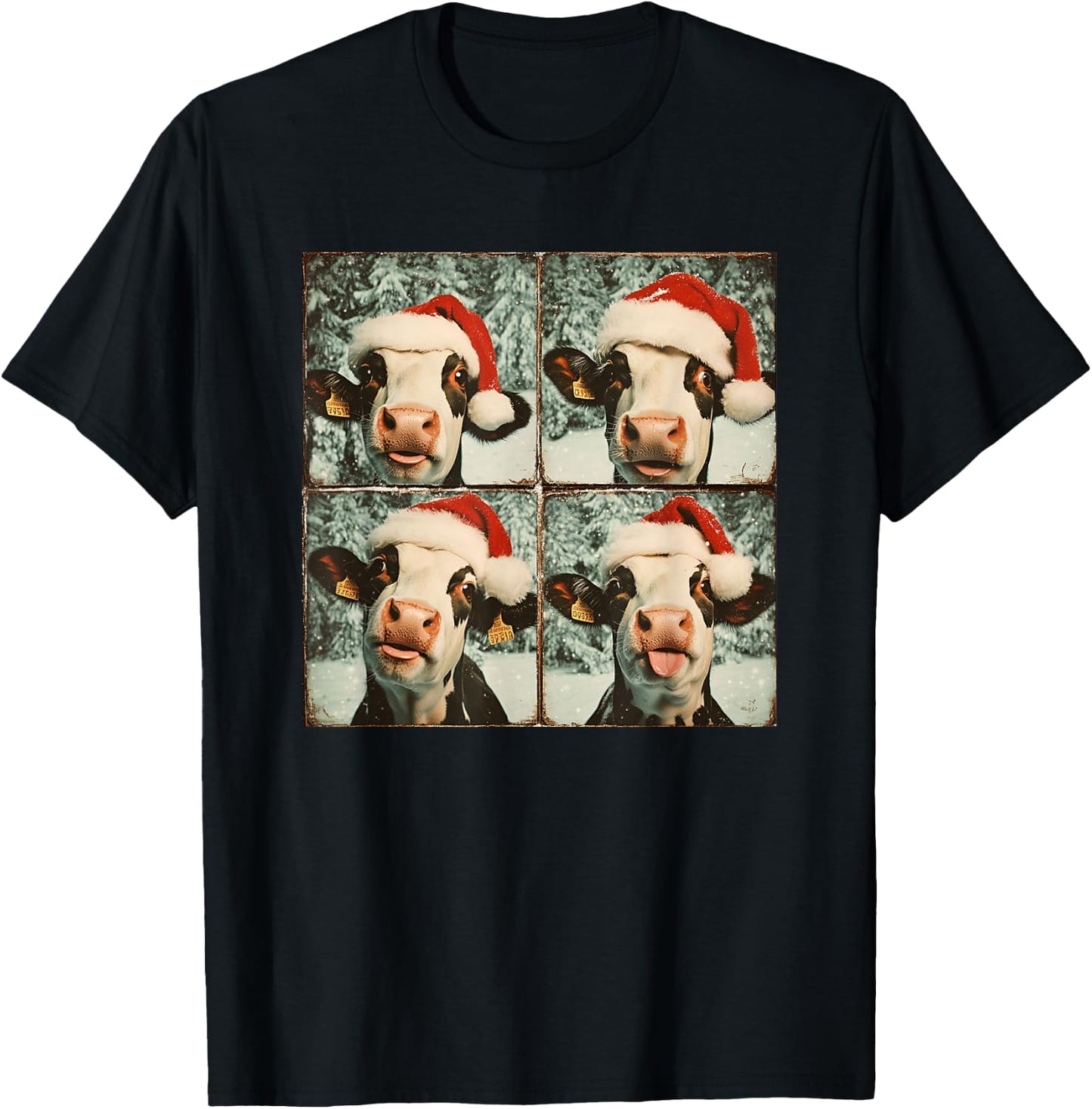Love Cows Xmas Cow Lover Black Small Winter Graphic Animal Cartoon Short Sleeve Festive Unique Festive Graphic Design with Cow in Santa Hat T-Shirt - T-Shirt | Black