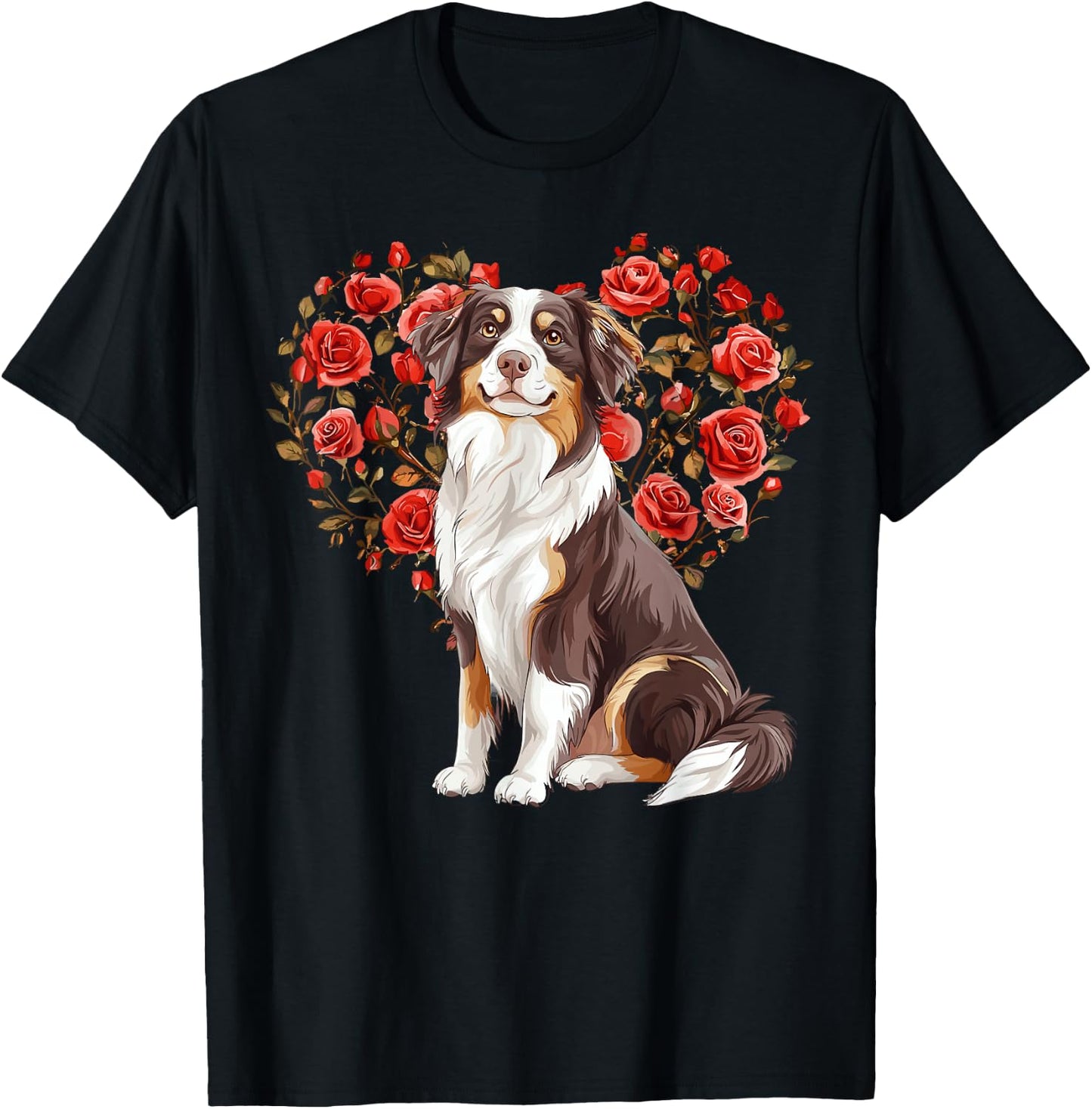 Australian Shepherd Valentines Day Aussie Lover Floral Heart T-Shirt - T-Shirt | Black