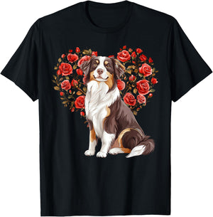 Australian Shepherd Valentines Day Aussie Lover Floral Heart T-Shirt - T-Shirt | Black