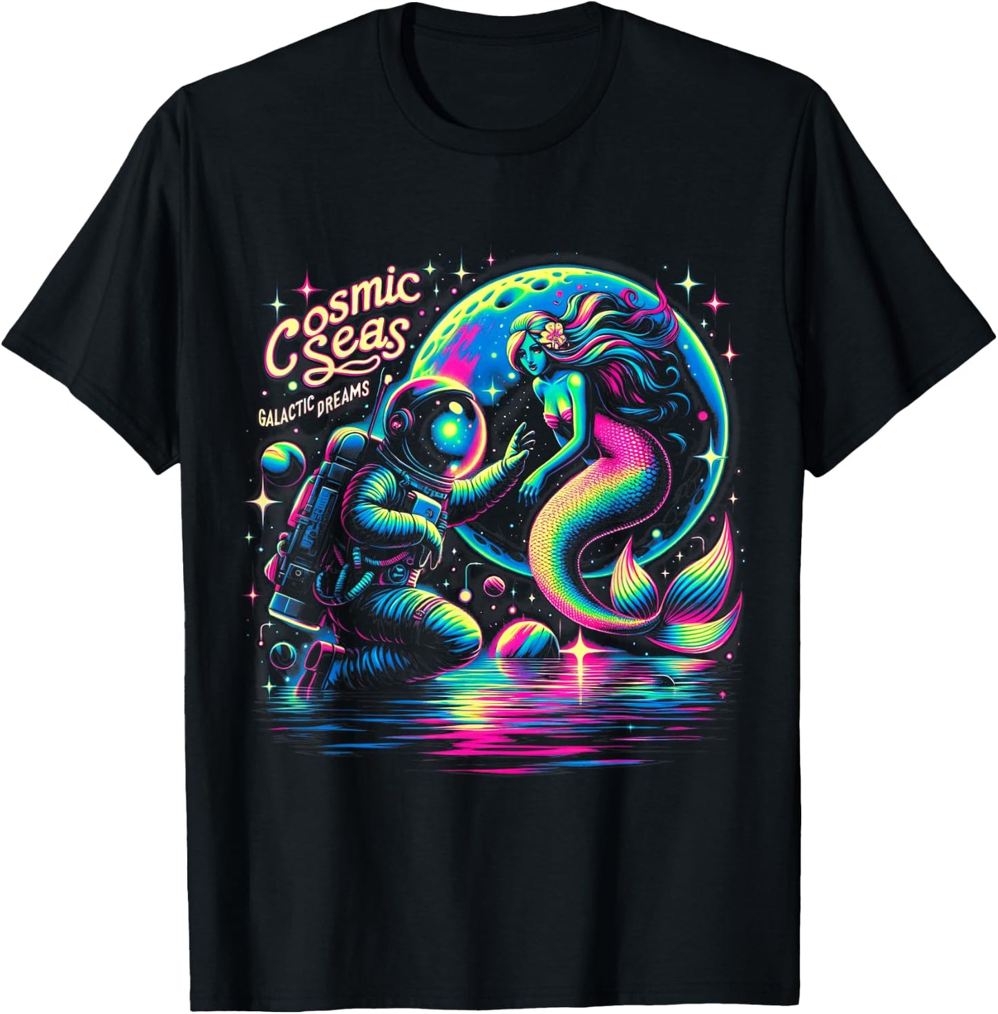 Cosmic Encounter - Astronaut Meets Space Mermaid Psychedelic T-Shirt - T-Shirt | Black