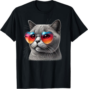 Cute Valentines Day Cat Heart Sunglasses Women Girls T-Shirt - T-Shirt | Black