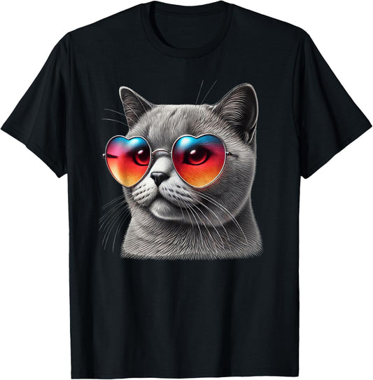 Cute Valentines Day Cat Heart Sunglasses Women Girls T-Shirt - T-Shirt | Black