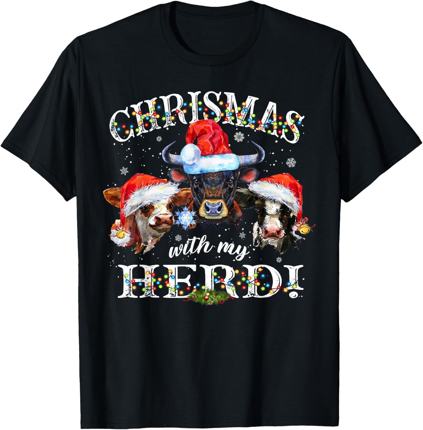 Christmas With My Herd Matching Holiday Cows Farmer Pajama T-Shirt - T-Shirt | Black