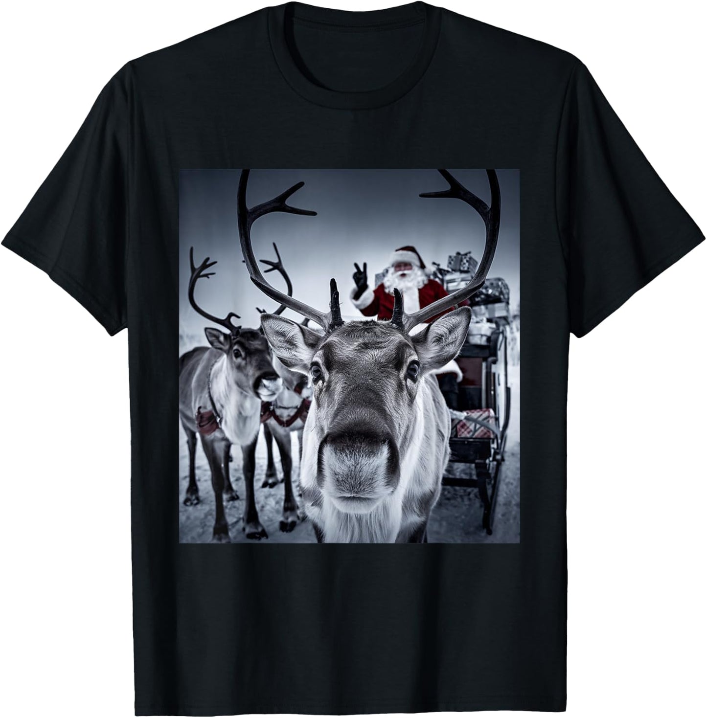 Funny Santa Selfie With Reindeer Cute Christmas Family Kids T-Shirt - T-Shirt | Black