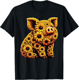 Sunflower Pig Flower Gardening Floral T-Shirt - T-Shirt | Black