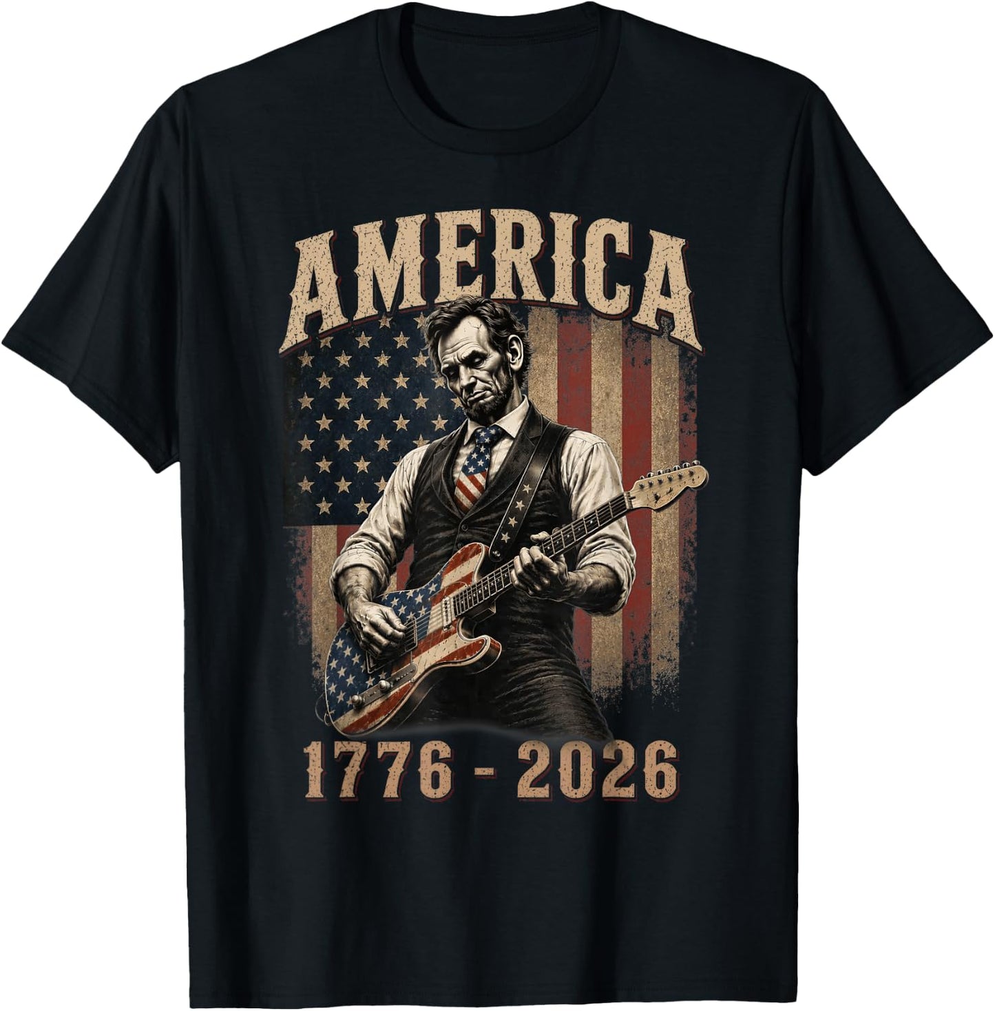 Abraham Lincoln Playing Guitar 4th July 250th Anniversary T-Shirt - T-Shirt | Black