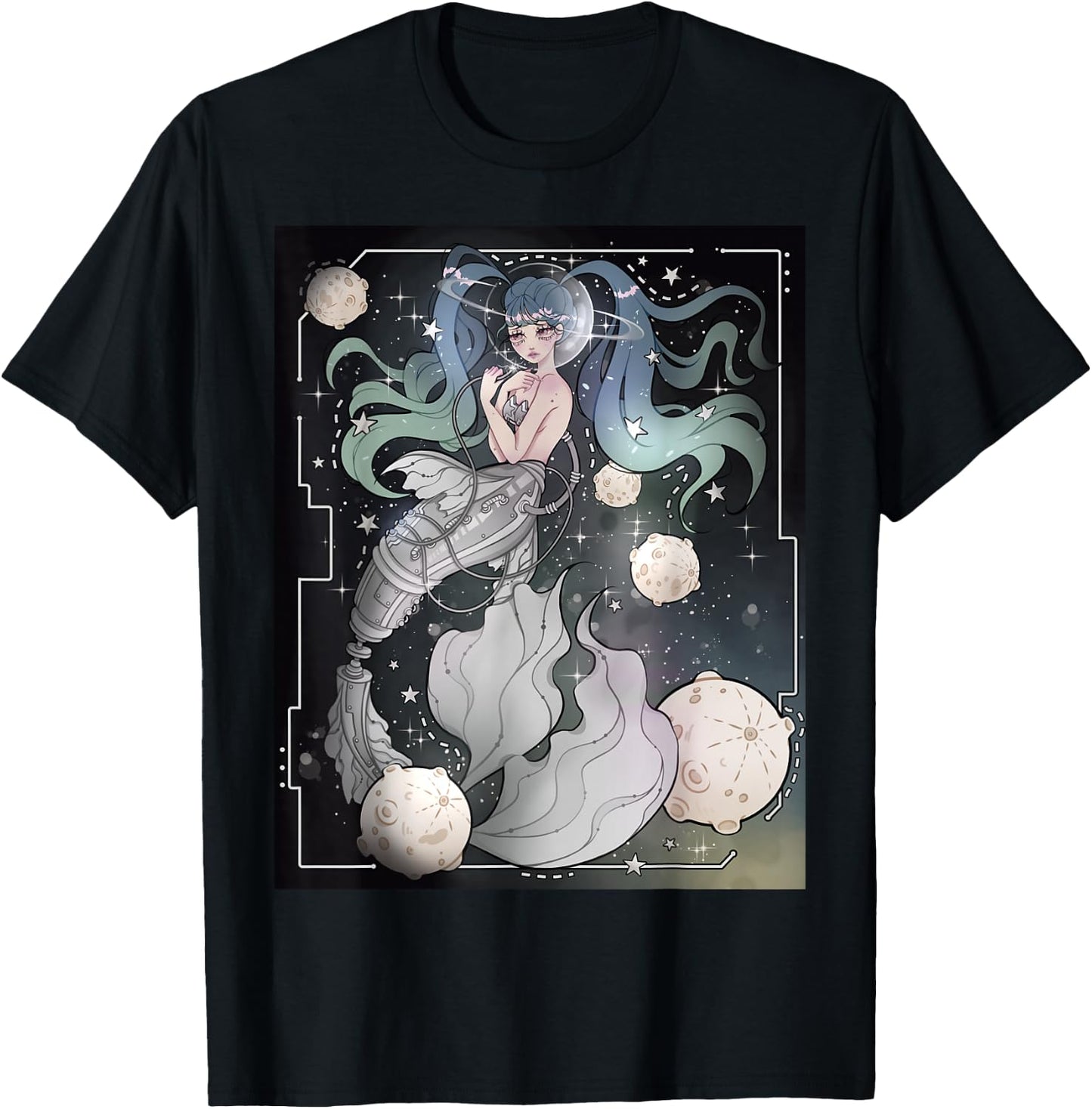 Steampunk Cyberpunk Graphic Mermaid in Space T-Shirt - T-Shirt | Black