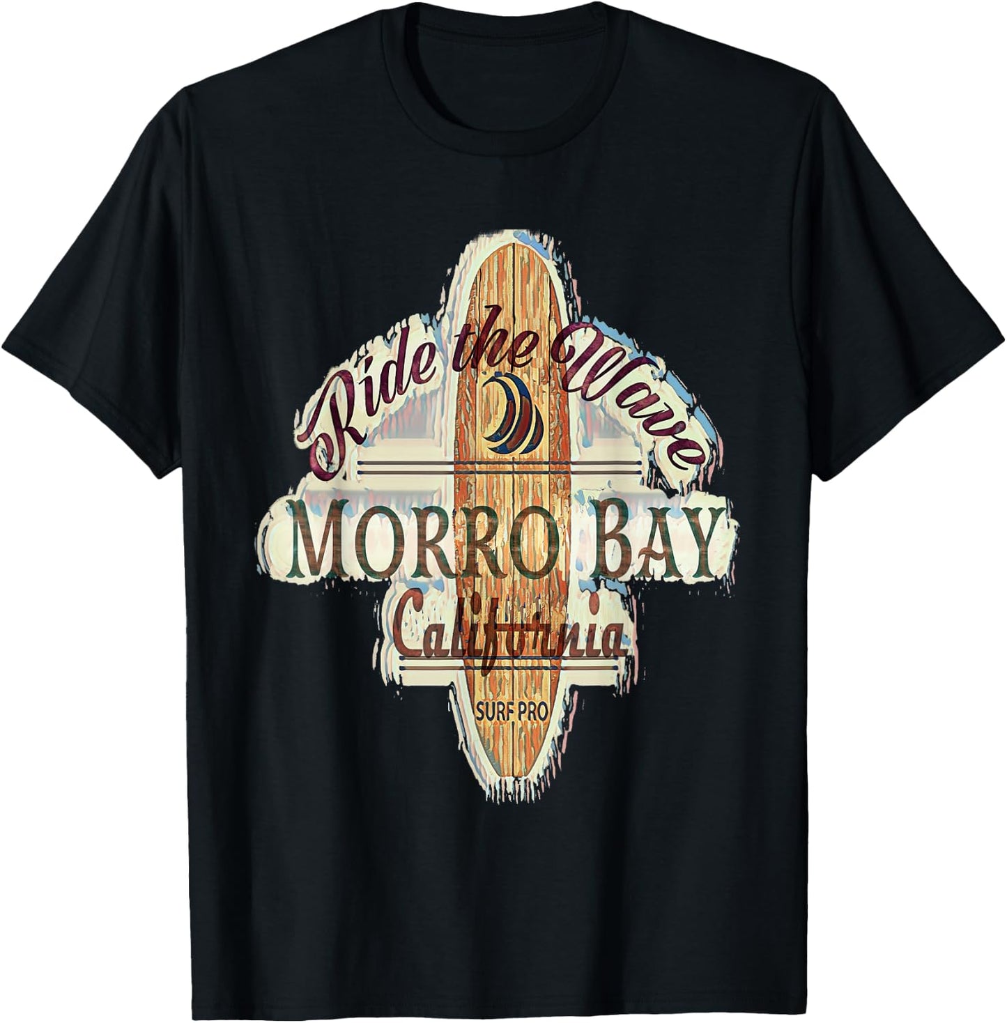 Surfing, Surfboard, Distressed Longboard Morrow Bay T-Shirt - T-Shirt | Black