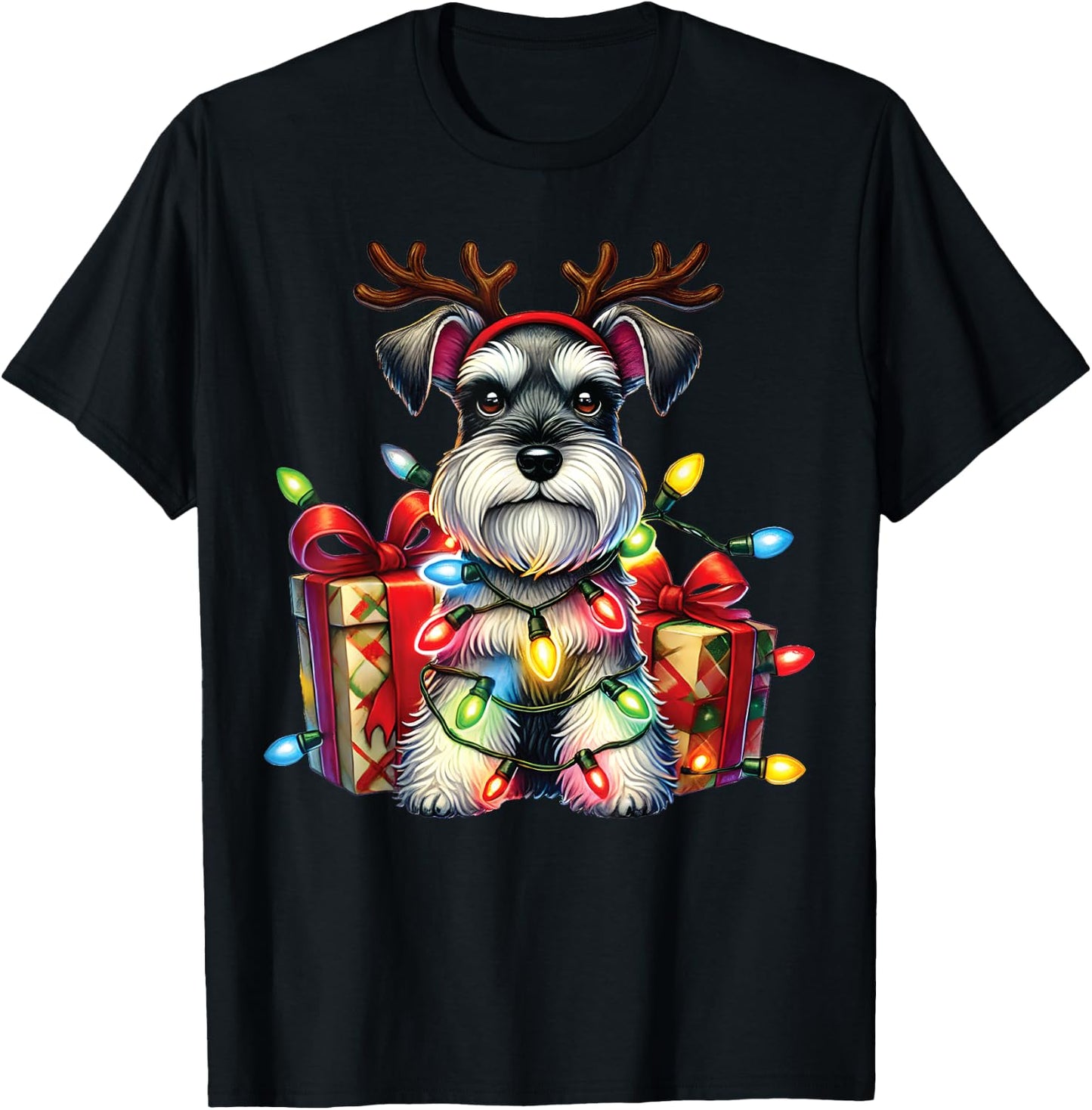 Miniature Schnauzer Dog Lovers Reindeer Christmas Lights T-Shirt - T-Shirt | Black