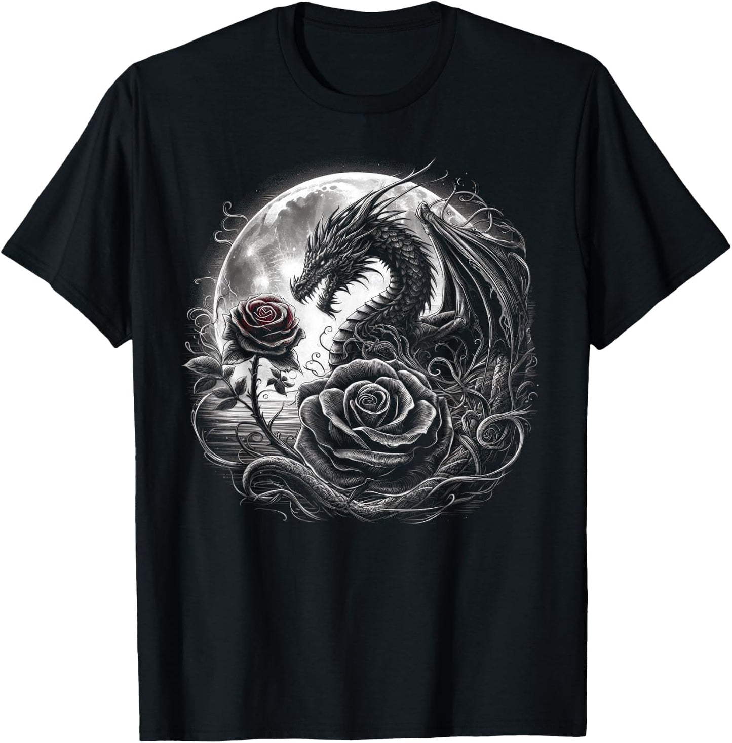 Dragon With Roses And Full Moon Dark Art T-Shirt - T-Shirt | Black
