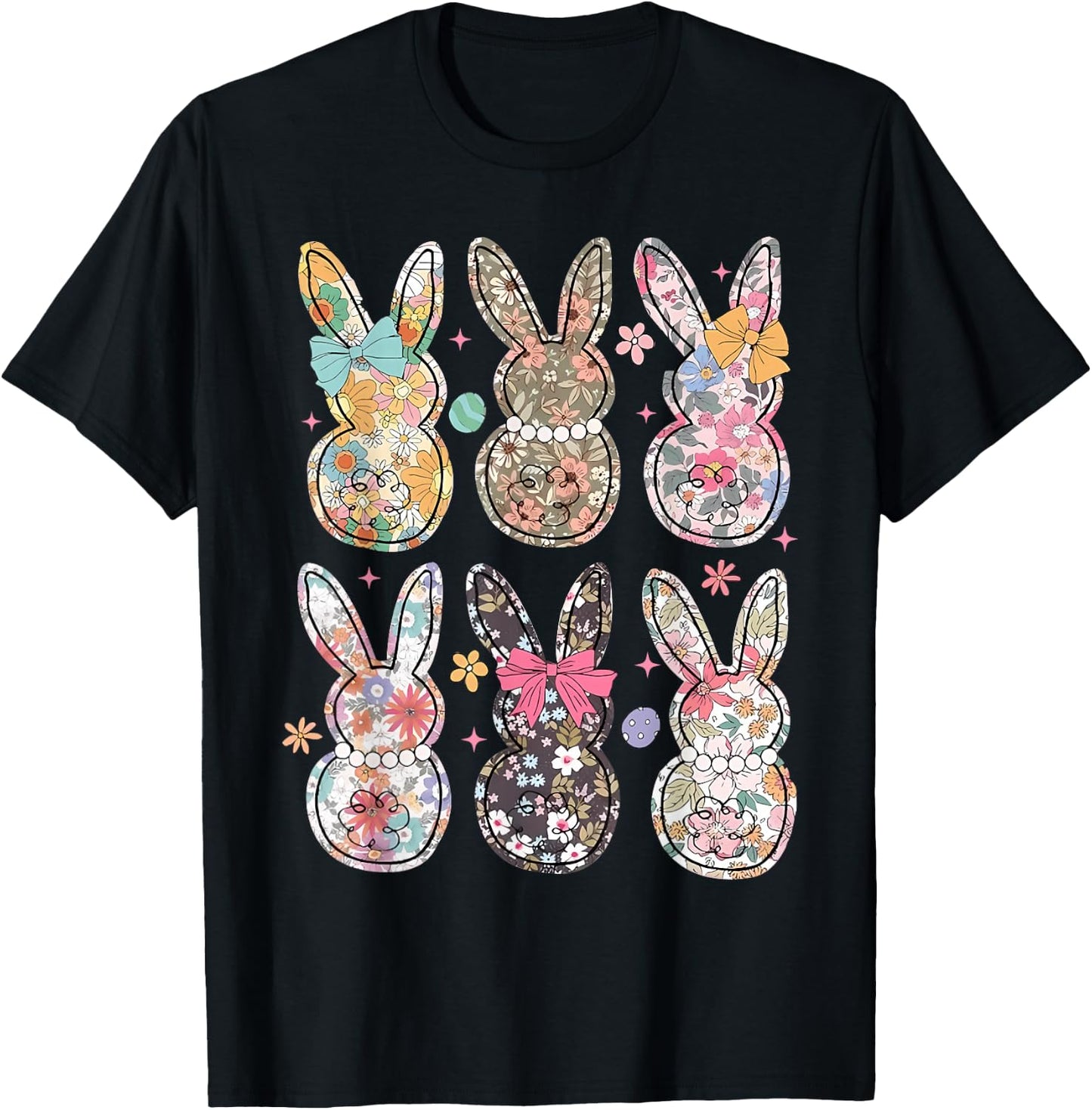 Easter Chinoiserie Floral Bunny With Cute Bow Coquette T-Shirt - T-Shirt | Black