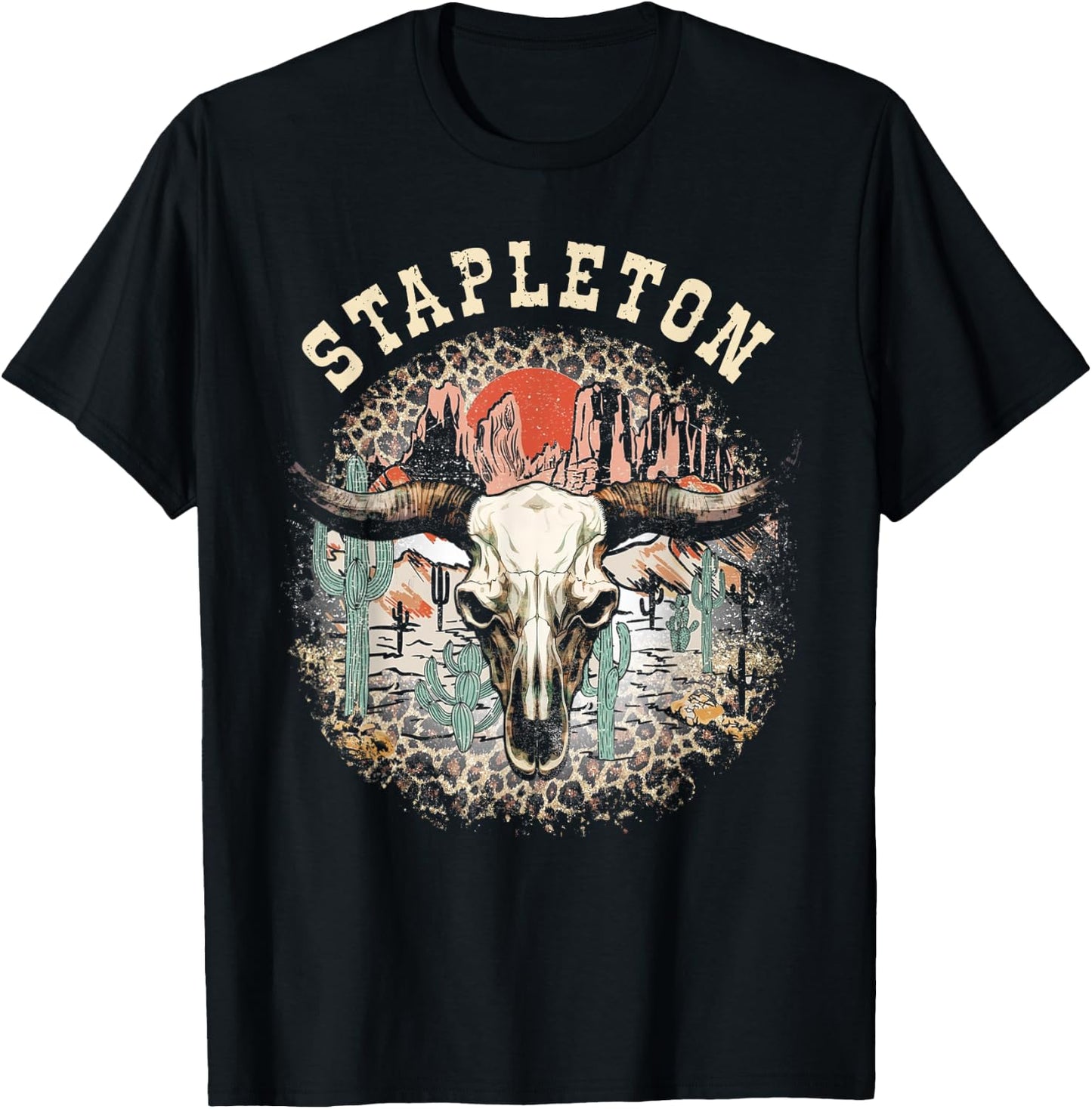 Vintage Stapleton Cactus Western Deserts Funny Cow & Leopard T-Shirt - T-Shirt | Black
