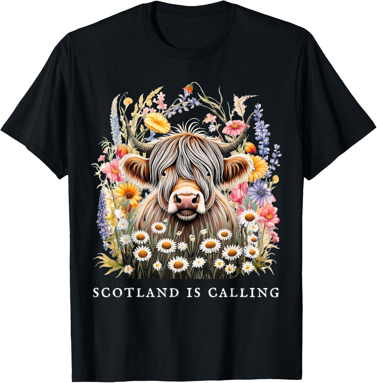 Scotland Is Calling Highland Cow flowers Scottish Vacation T-Shirt - T-Shirt | Black