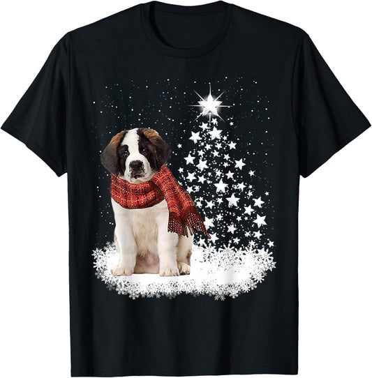 Saint Bernard On Snow Christmas Tree Lighting Scarf Xmas T-Shirt - T-Shirt | Black