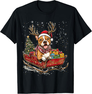 Santa Pitbull reindeer Light Christmas T-Shirt - T-Shirt | Black
