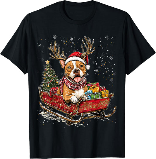 Santa Pitbull reindeer Light Christmas T-Shirt - T-Shirt | Black