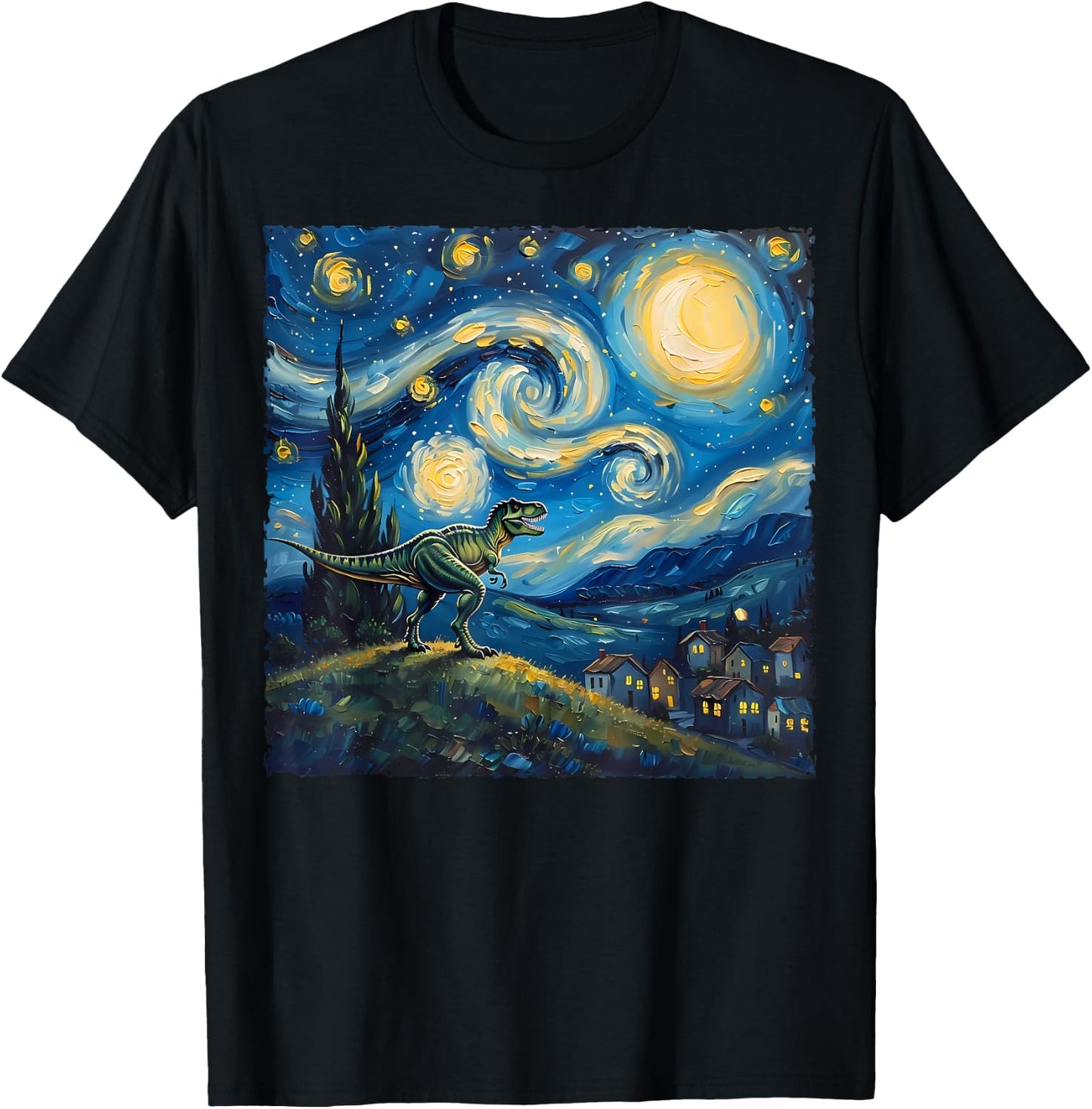Van Gogh Style The Starry Night - Funny T-Rex Dinosaur Art T-Shirt - T-Shirt | Black