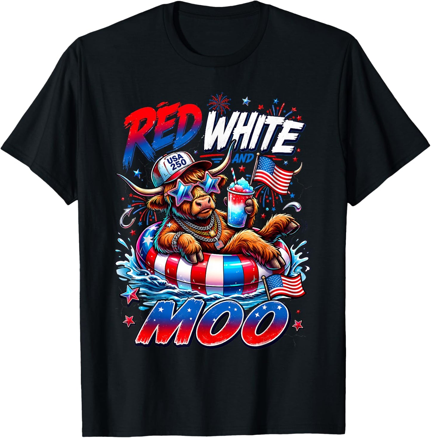 Red White and Moo Highland Cow 4th July 250 Years Patriotic T-Shirt - T-Shirt | Black