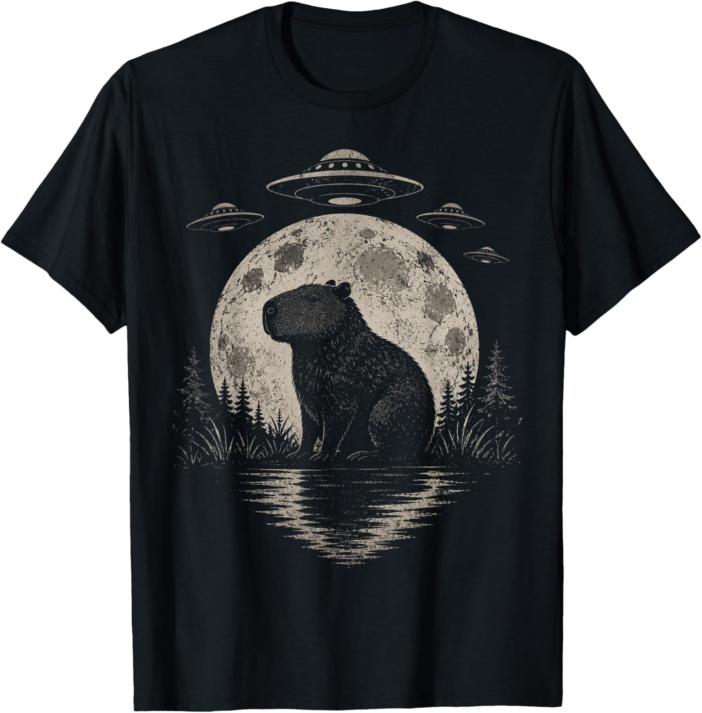 Funny Capybara Moon Alien UFO Evidence Photo Vintage T-Shirt - T-Shirt | Black