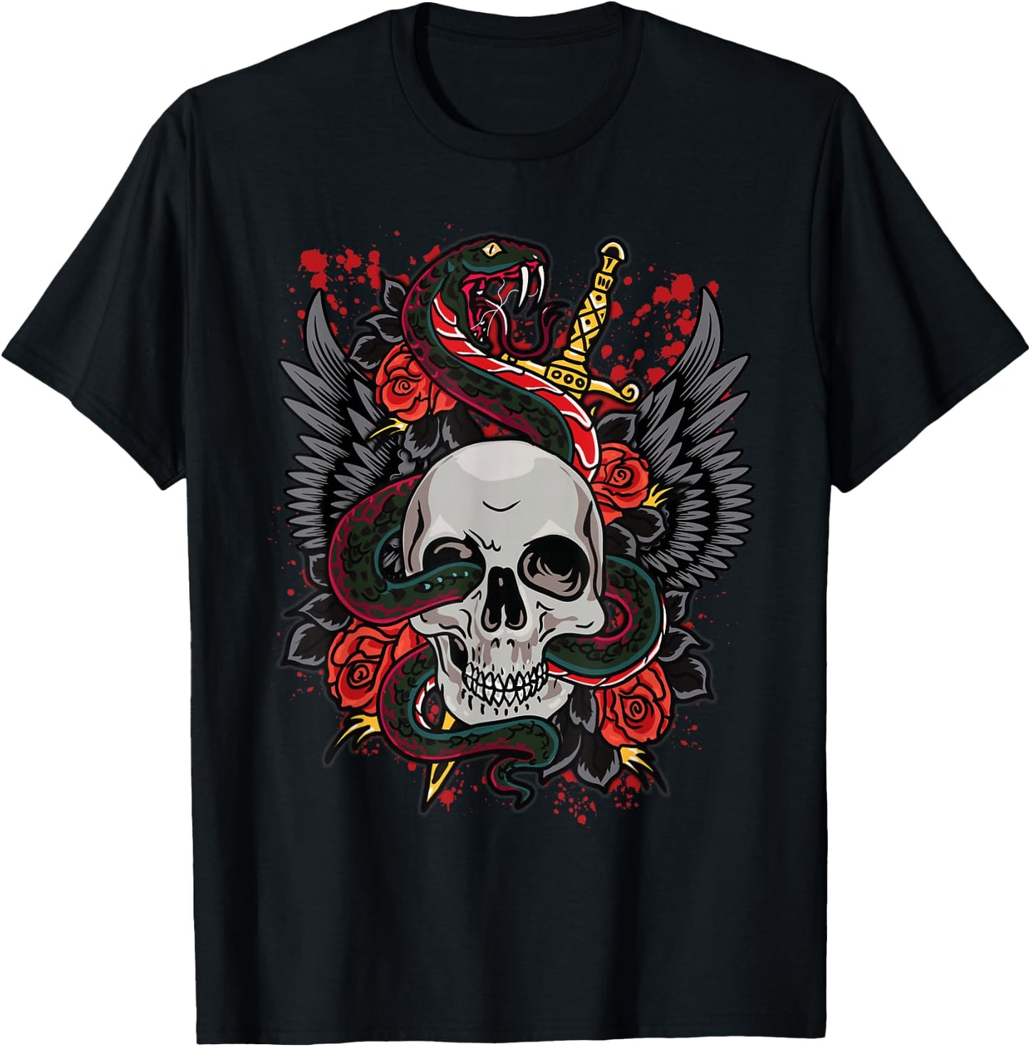 Snake Skull & Dagger Vintage Traditional Tattoo T-Shirt - T-Shirt | Black