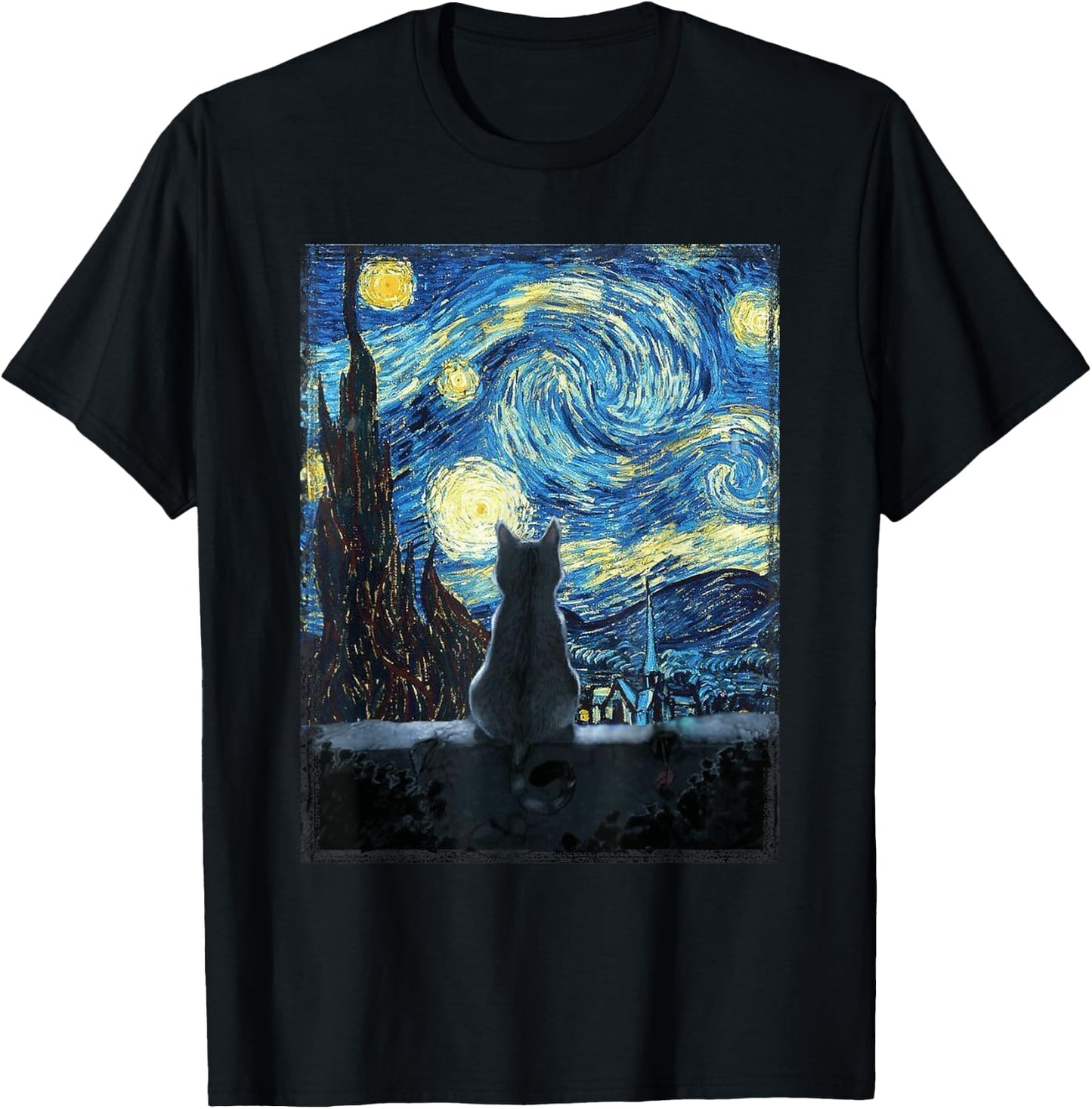 Starry Night Cat, Van Gogh Cat, Starry Night Cat Funny , black T-Shirt - T-Shirt | Black