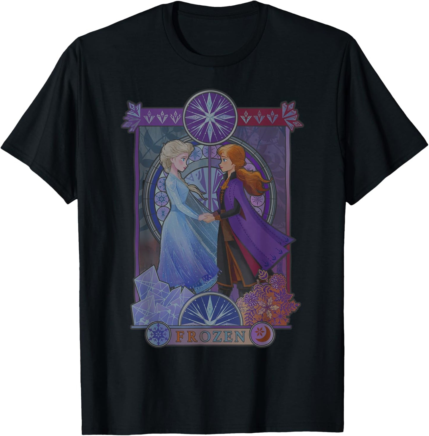 Disney Frozen 2 Anna & Elsa Stained Glass Portrait T-Shirt - T-Shirt | Black