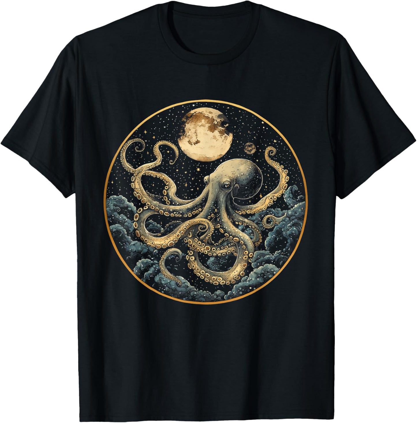 Octopus Celestial Moon Dark Academia Moody Maximalist Ocean T-Shirt - T-Shirt | Black