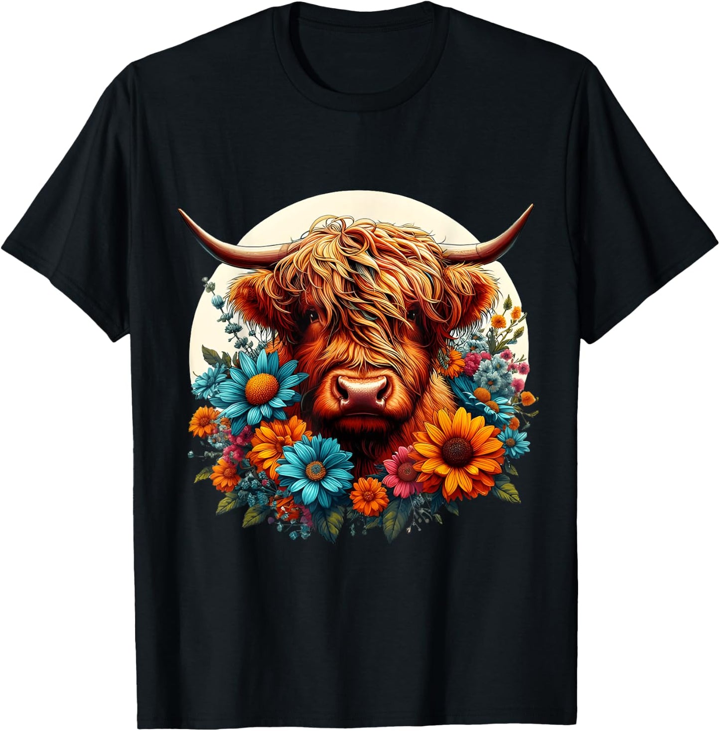 Scottish Cute Highland Cow Cattle Hairy Cow Flowers Colorful T-Shirt - T-Shirt | Black