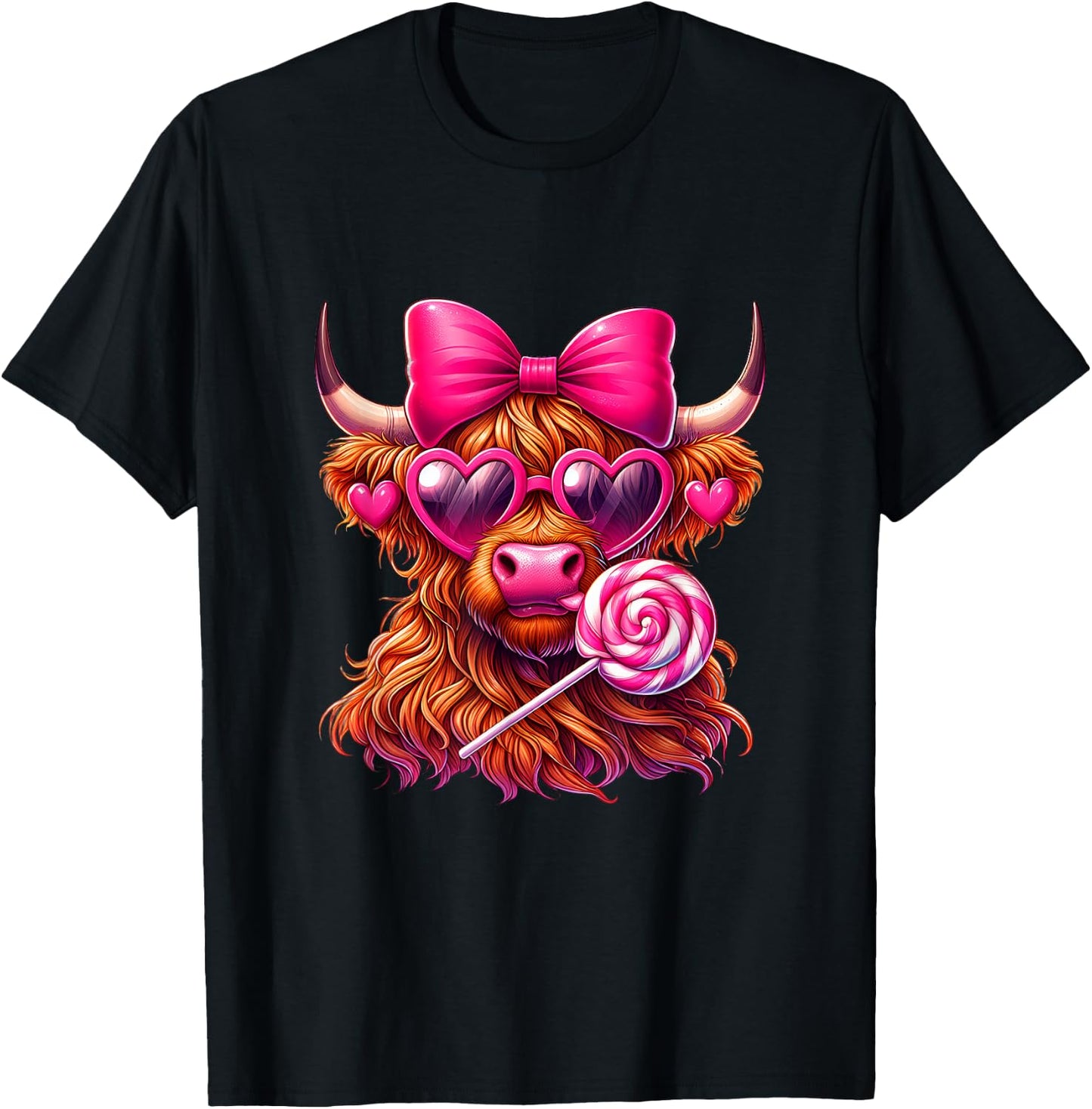 Valentines Highland Cow coquette bow Heart Glasses Lollipop T-Shirt - T-Shirt | Black