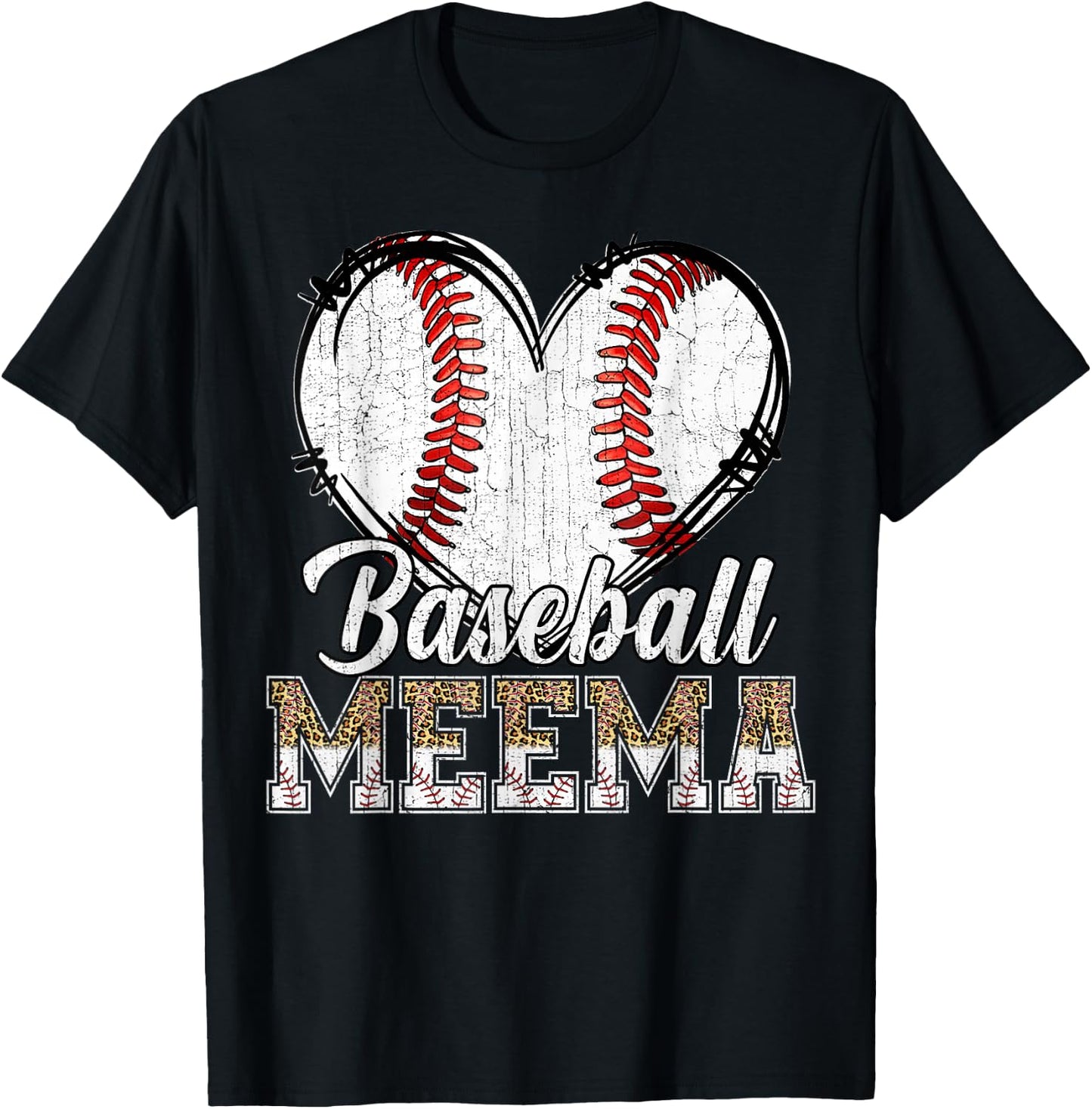 Softball Baseball Meema Heart Leopard Print Mother's Day T-Shirt - T-Shirt | Black