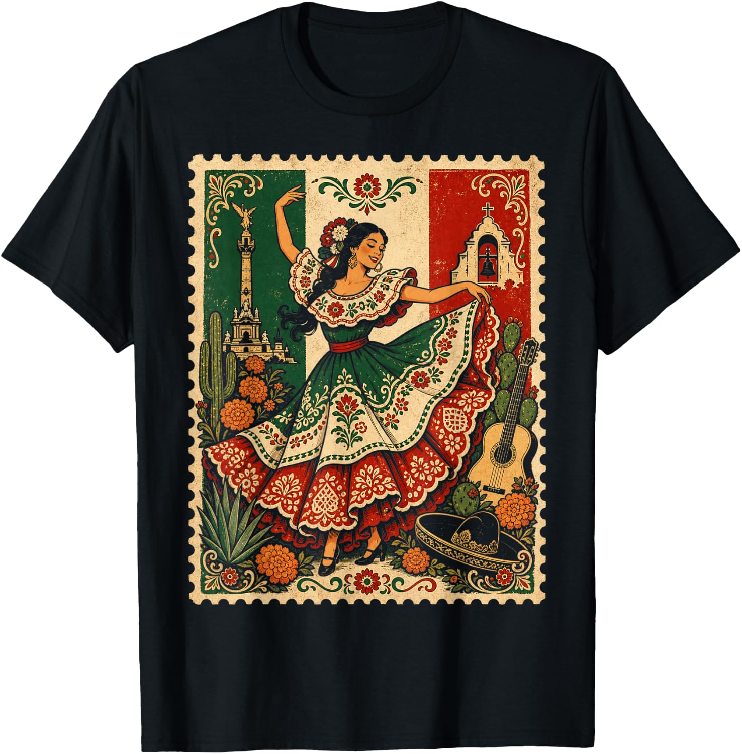 Mexican Folk Dance Baile Folklorico Vintage Stamp Art T-Shirt - T-Shirt | Black