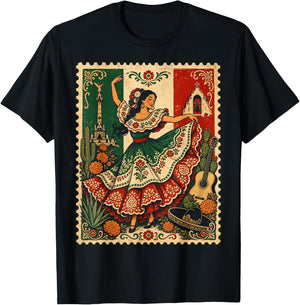 Mexican Folk Dance Baile Folklorico Vintage Stamp Art T-Shirt - T-Shirt | Black