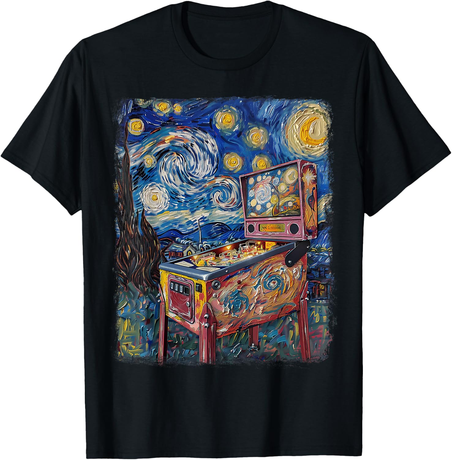 Pinball Arcade Game Machine Starry Night Painting T-Shirt - T-Shirt | Black