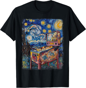 Pinball Arcade Game Machine Starry Night Painting T-Shirt - T-Shirt | Black