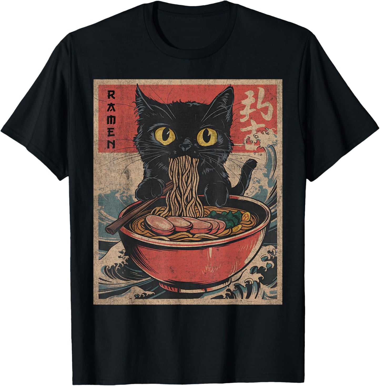 cat eating ramen shirt Japanese Funny Graphic Kawaii Noodles T-Shirt - T-Shirt | Black